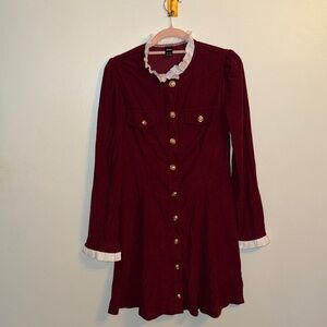 Burgundy Long Sleeve Dress with White Accents and Gold Buttons